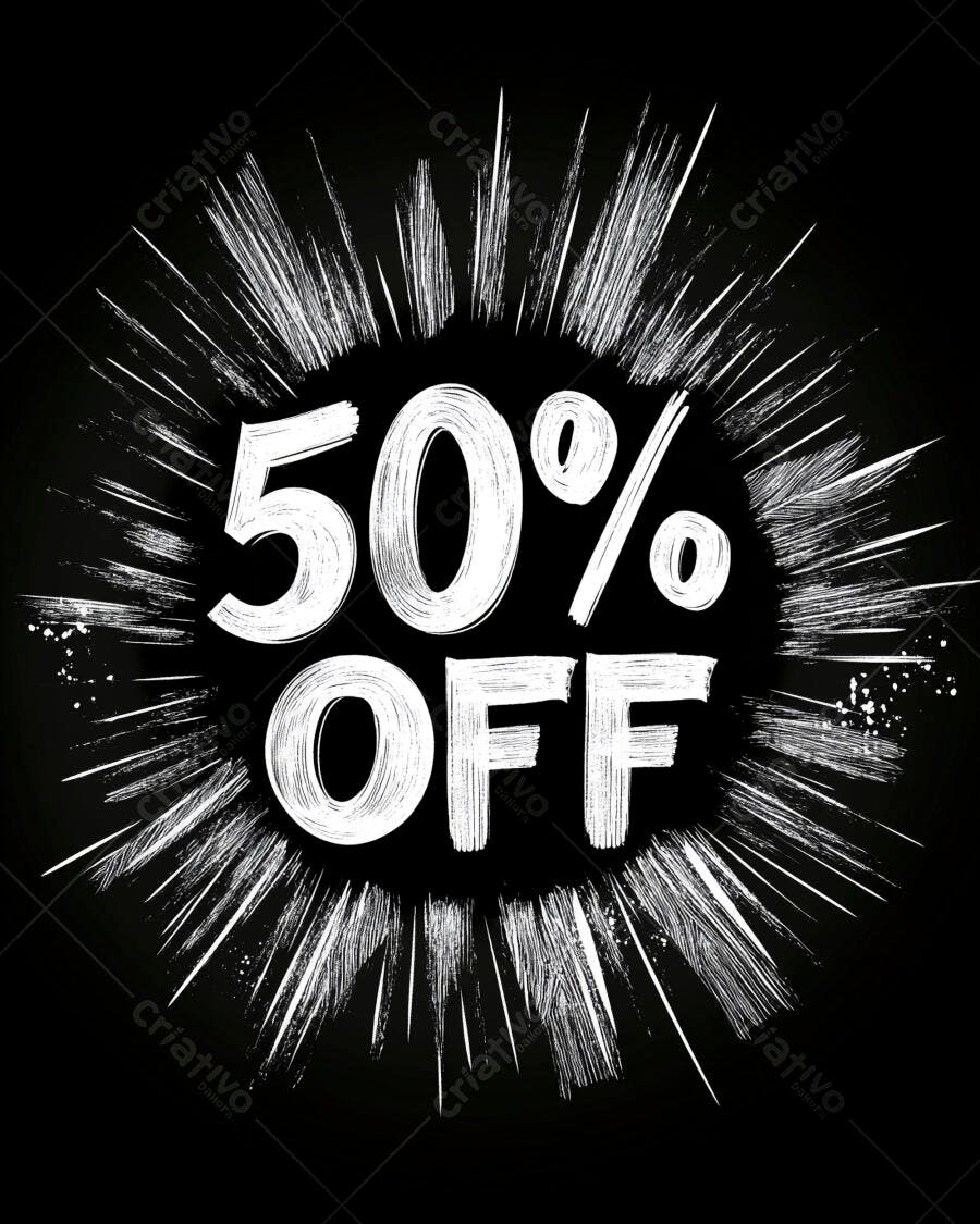 50% OFF em destaque com efeito explosão e estilo grunge