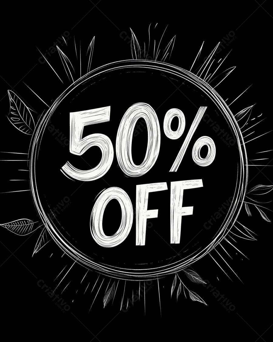 Selo de desconto 50% OFF desenhado à mão branco e preto com folhas