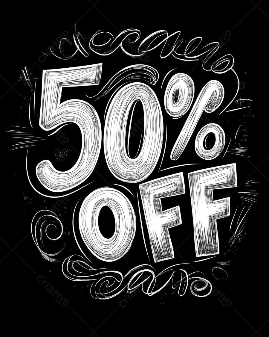 Desconto 50% oferta especial em tipografia branca com textura giz fundo preto