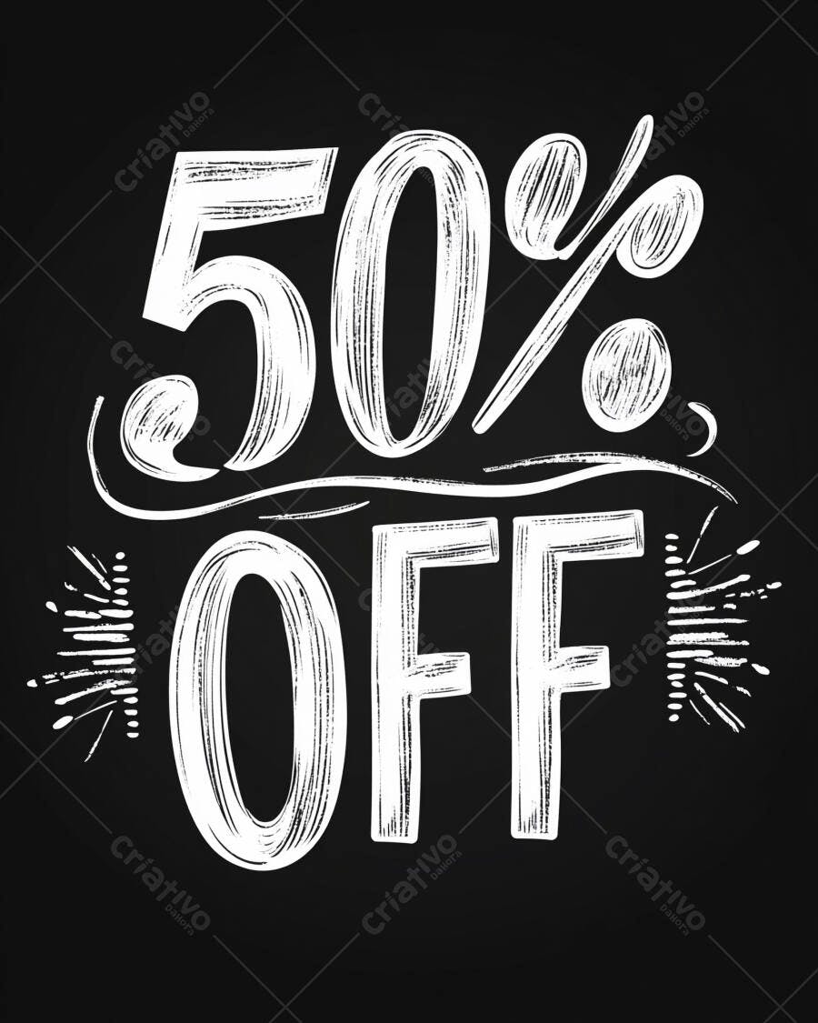 50% OFF design de giz branco em fundo preto oferta especial