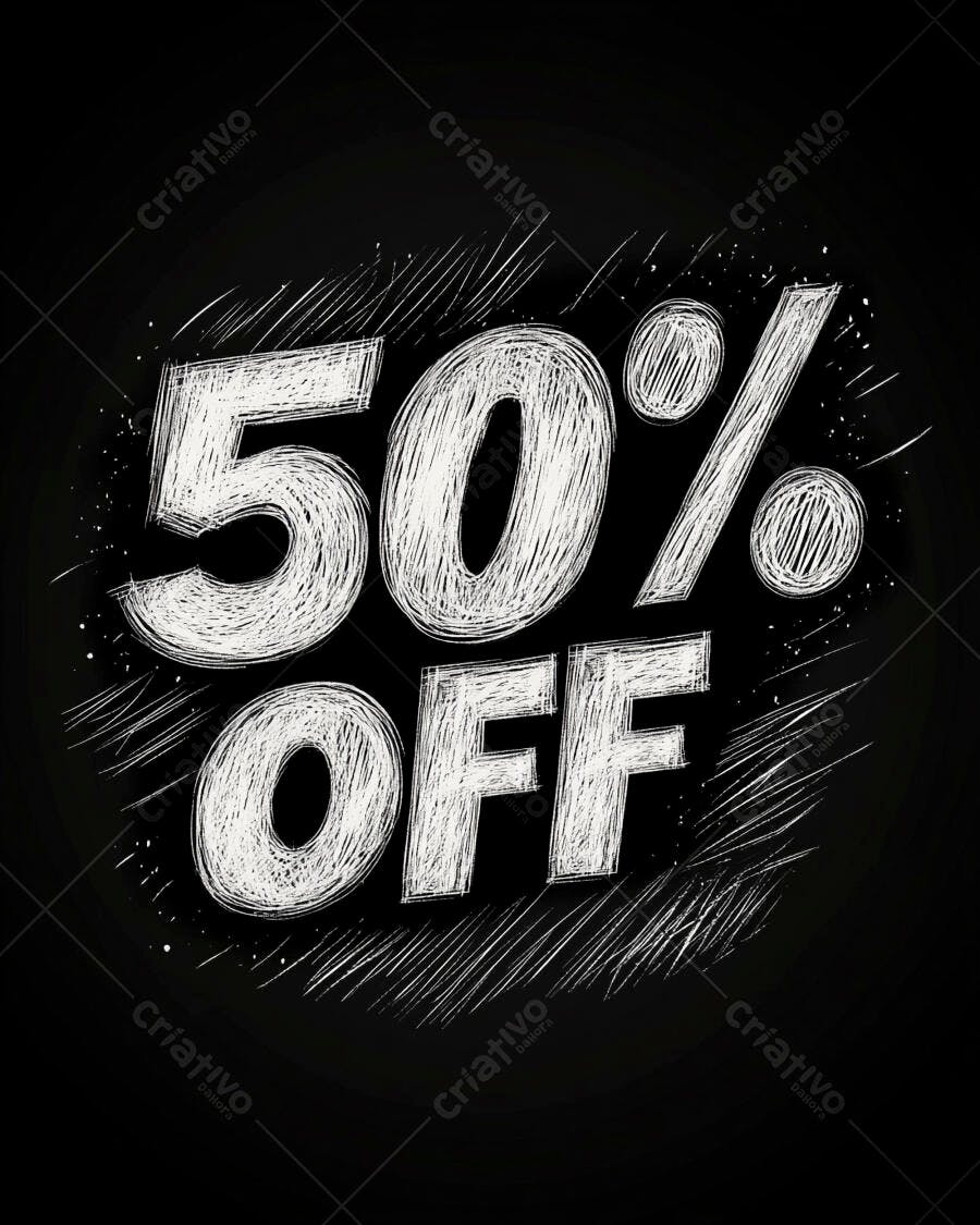 Desconto de 50 por cento em estilo de quadro negro desenhado à mão