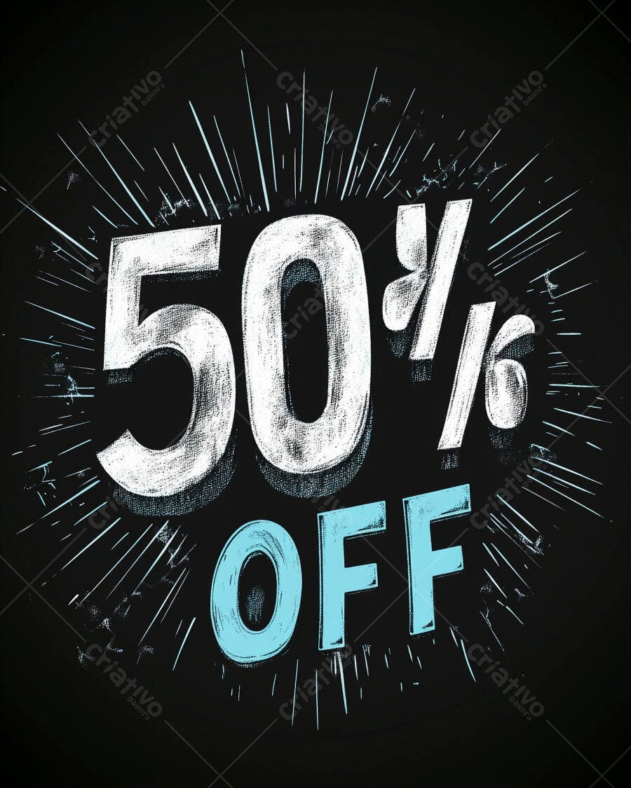 Desconto 50% OFF em estilo chalk branco e azul claro com explosão grunge