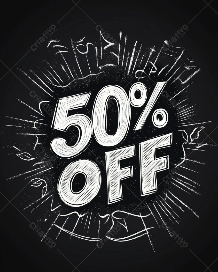 Desconto 50% OFF estilo lousa giz promocional em fundo preto