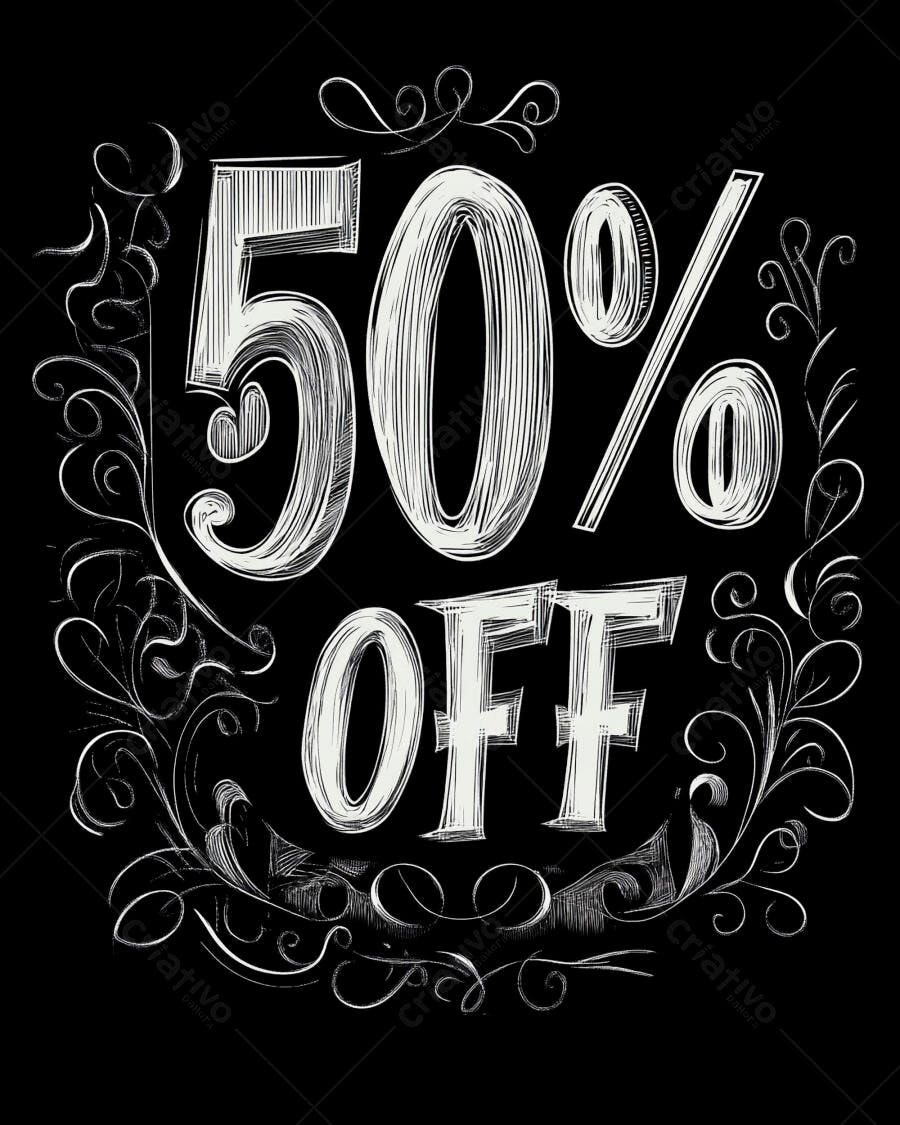 Oferta de 50% OFF em estilo lousa vintage com detalhes brancos