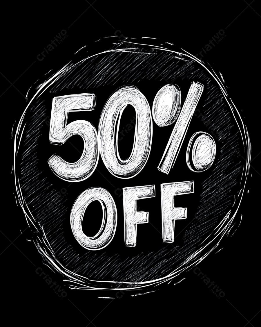 Oferta 50% OFF desenho a giz branco em fundo preto para promoção de vendas