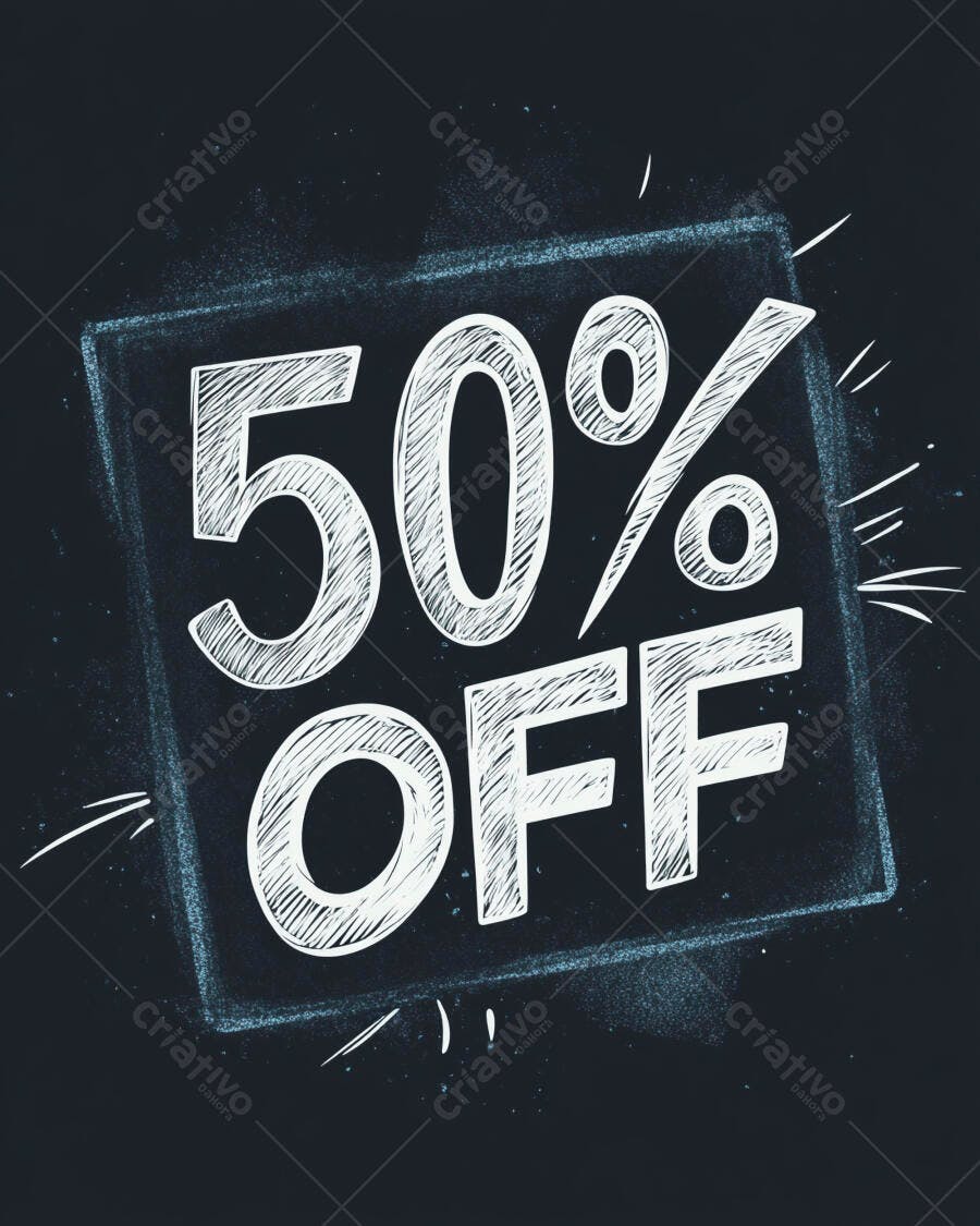 Placa de 50% de desconto estilo quadro negro com giz branco