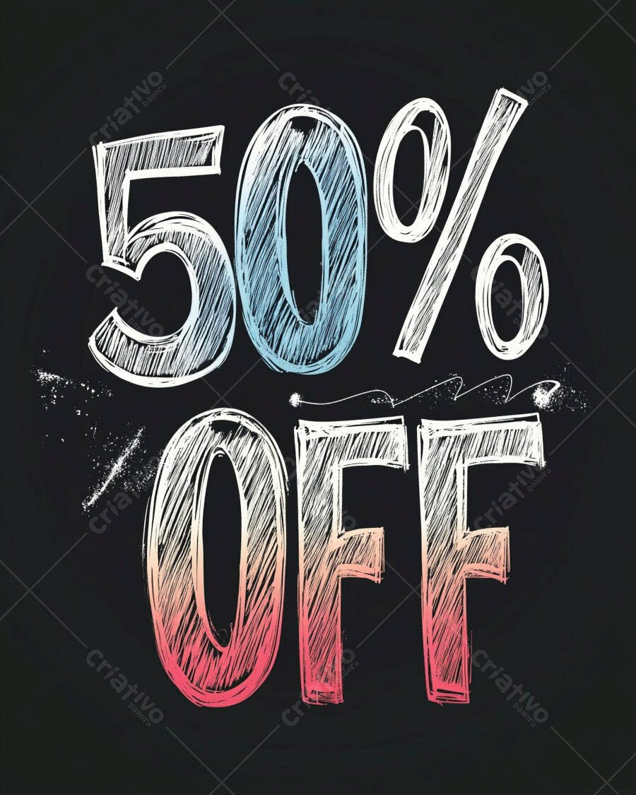 Cartaz 50% OFF em giz azul e rosa sobre fundo preto para promoção