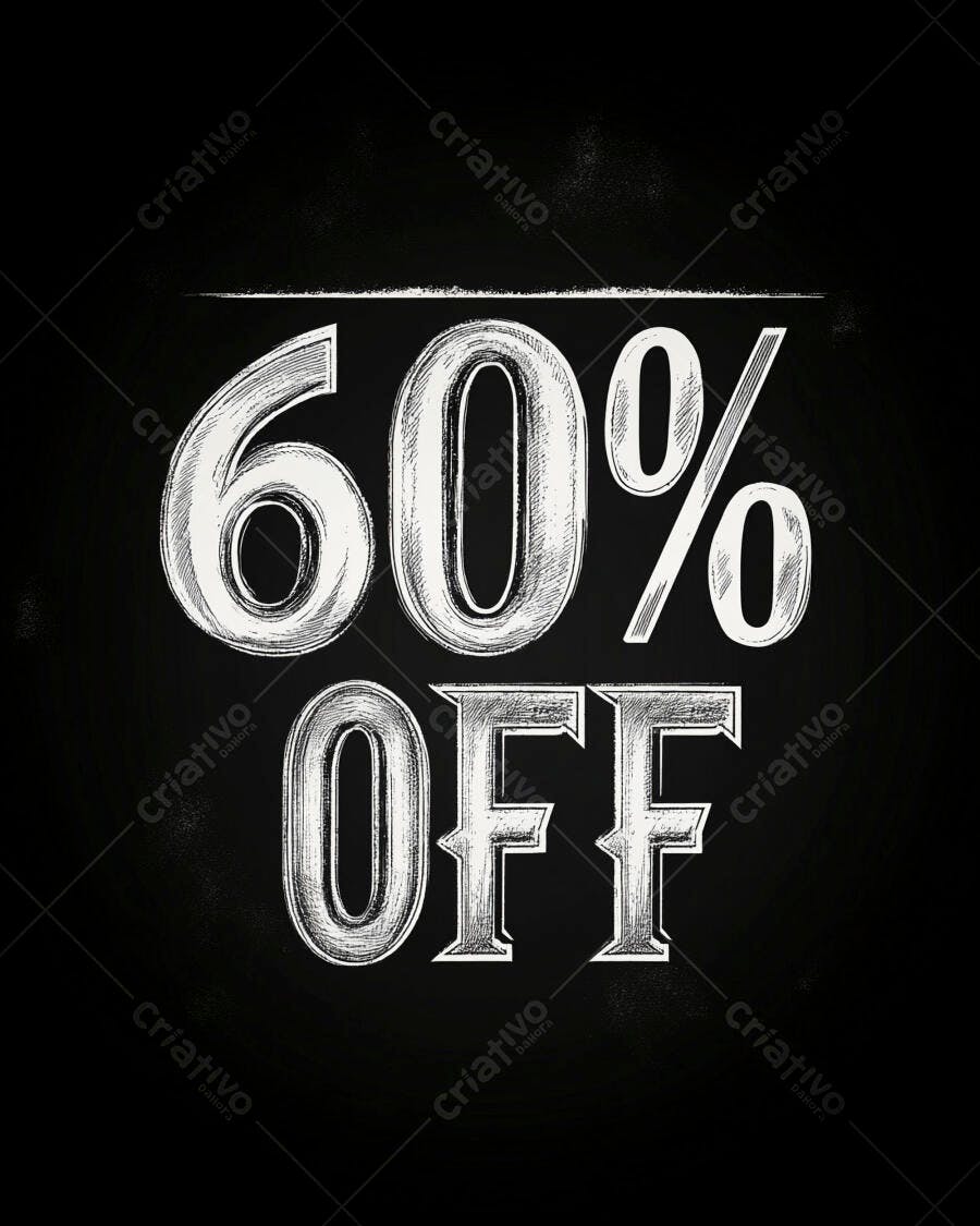 Oferta de 60 por cento com texto vintage branco em fundo preto rústico