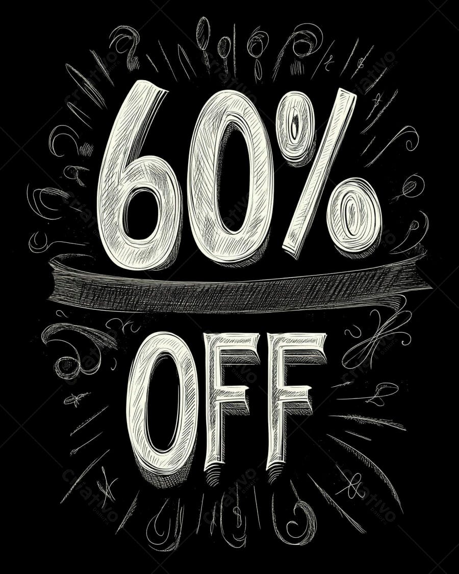 Desconto 60% OFF em estilo giz com tipografia artística sobre fundo preto