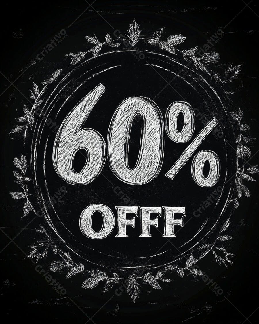 Desconto de 60 por cento em quadro-negro com design de giz e folhas