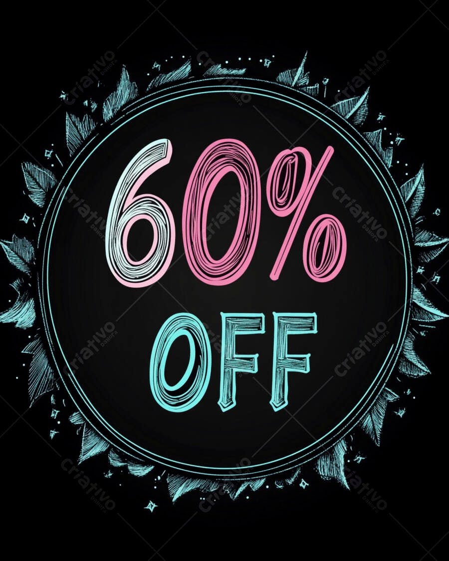 Desconto de 60% OFF em design circular com letras e folhas estilo rascunho