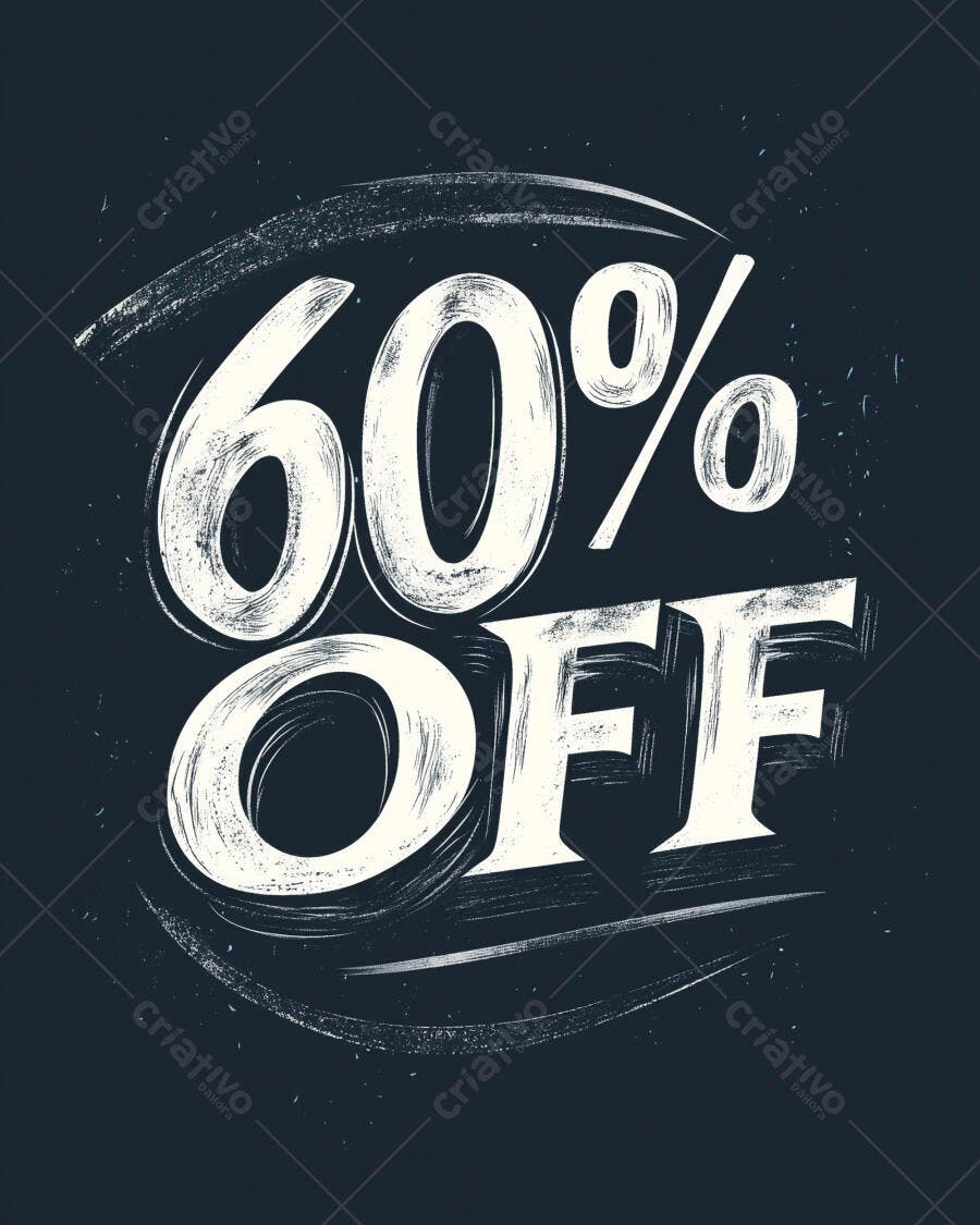 Desconto 60% OFF tipografia grunge branca em fundo azul marinho