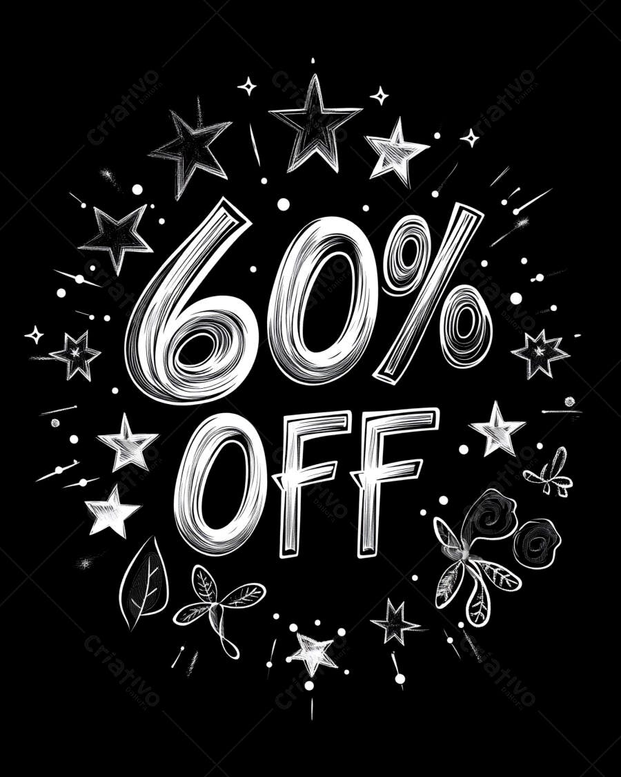 60% OFF promocional em estilo giz branco com estrelas e folhas em fundo preto