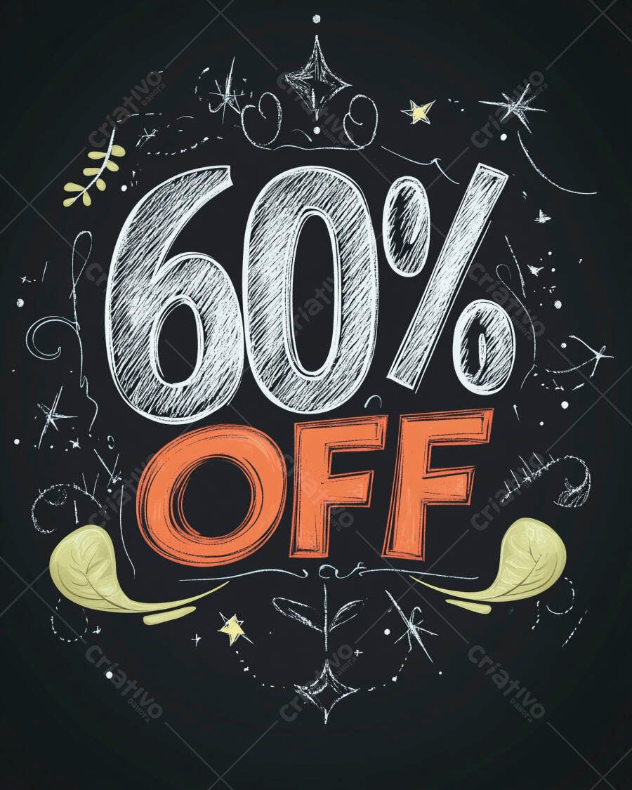 60% OFF desconto em lousa preta com arte de giz e estrelas brancas