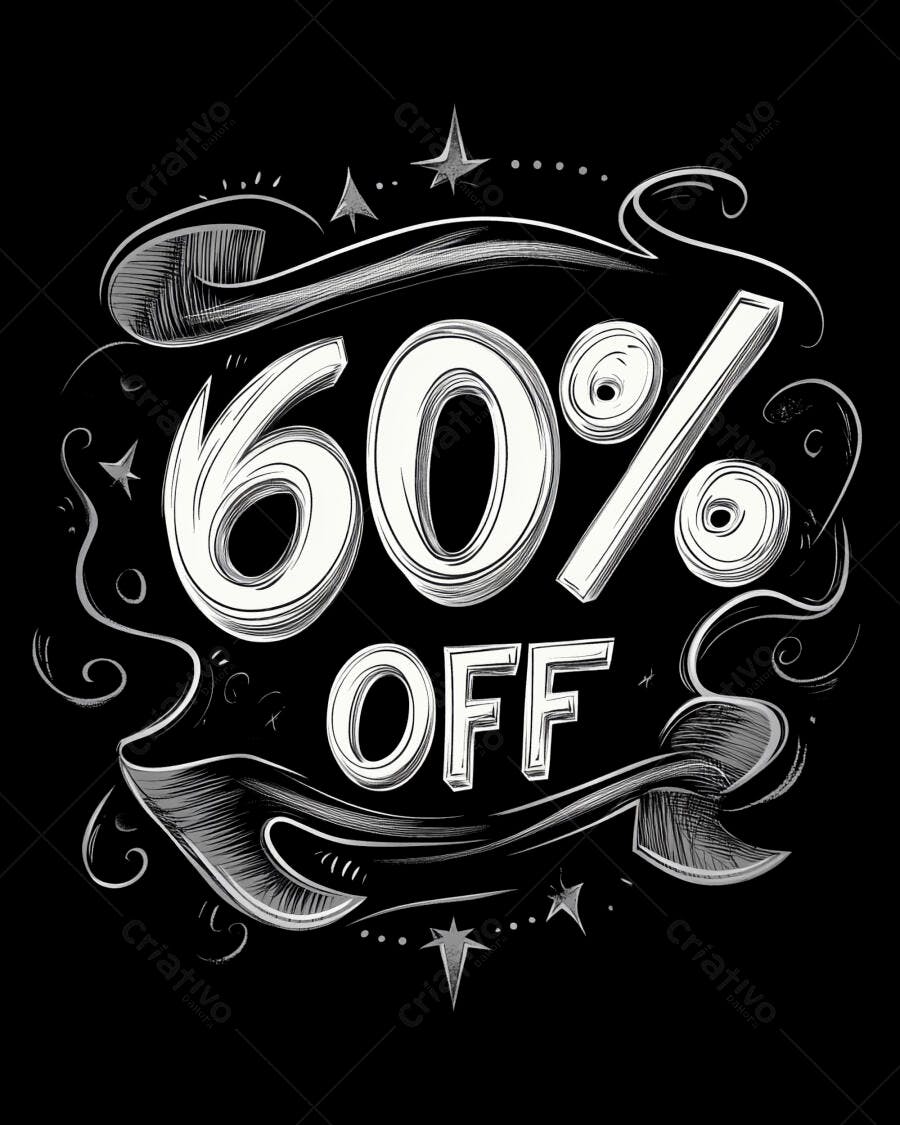 Anúncio 60% OFF com tipografia vintage e elementos decorativos