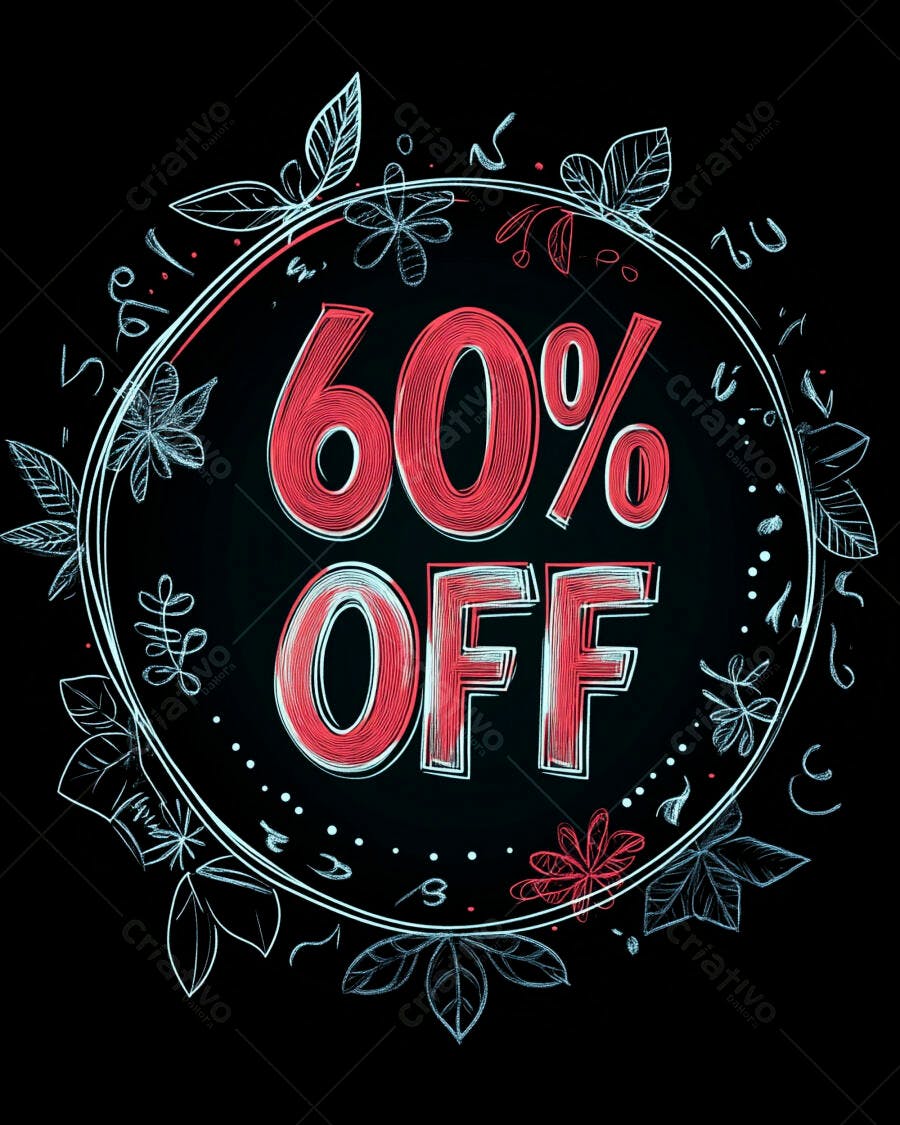 Banner 60% OFF com moldura floral desenhada à mão em fundo preto