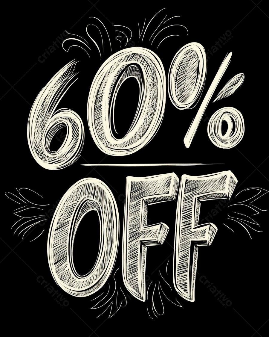 Desconto 60% OFF em destaque com tipografia desenhada à mão