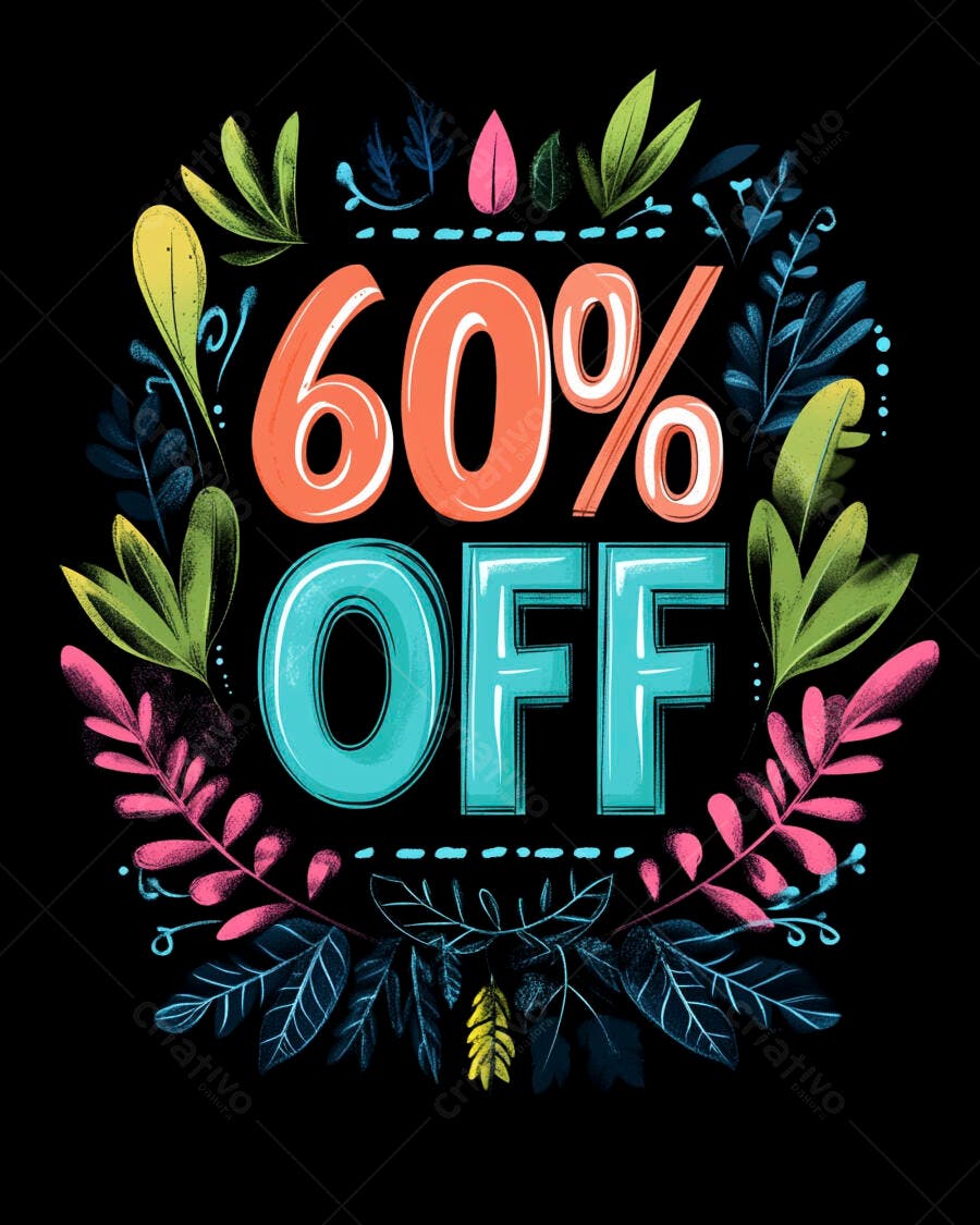 Promoção 60% OFF com arranjo floral vibrante em fundo escuro