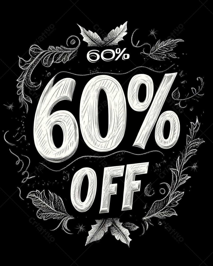 Desconto 60% OFF em lousa preta estilo giz com ornamentos de folhas brancas