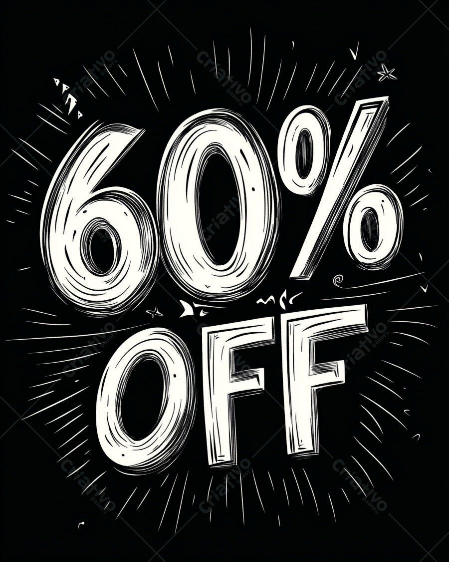 Desconto 60 por cento OFF oferta promocional estilo vintage letras brancas em fundo preto