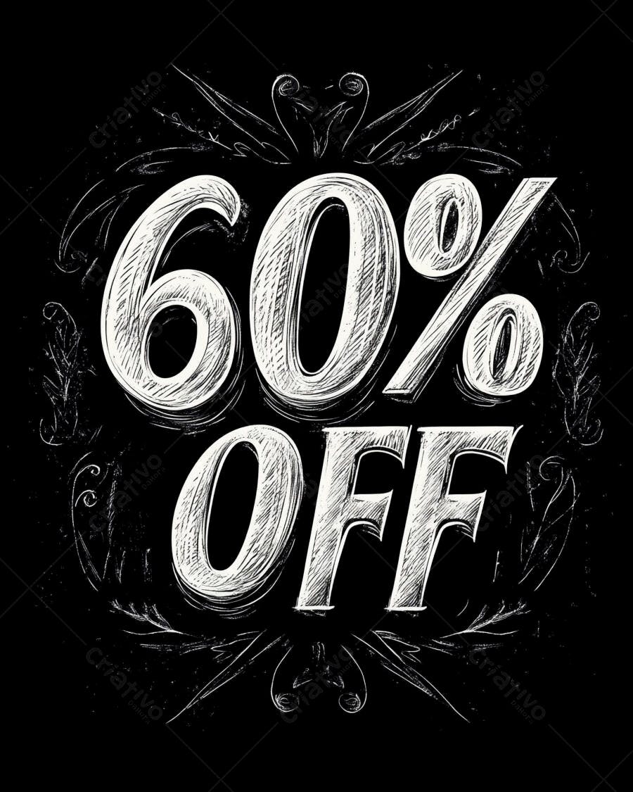 Desconto 60% OFF em estilo lousa com texto branco sobre fundo preto