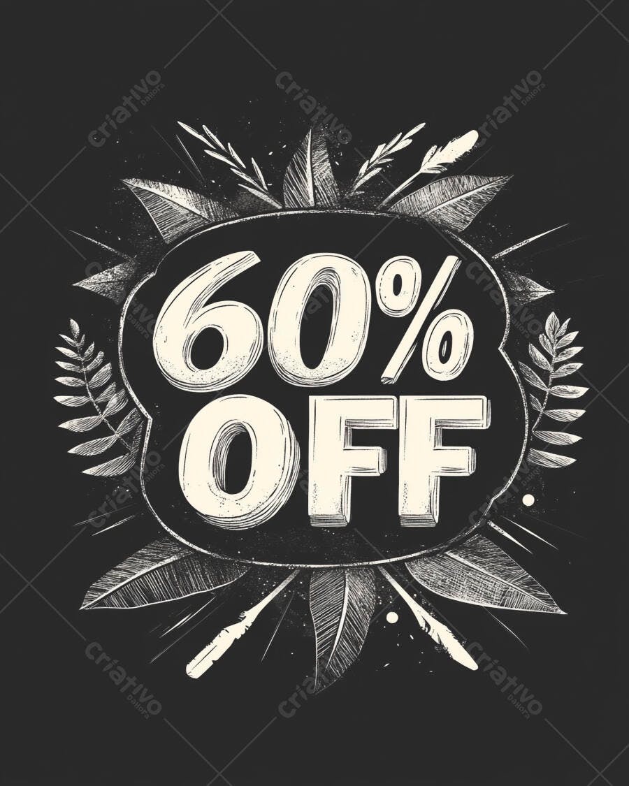 Desconto 60% OFF selo promocional rústico com folhas e penas