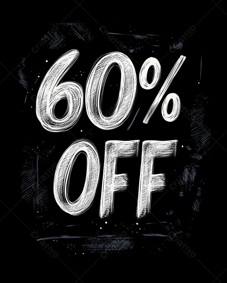 Texto 60% OFF branco estilo giz em fundo preto para promoção
