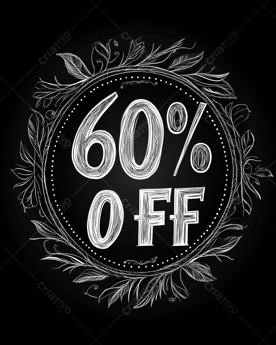 Desconto 60% OFF em quadro negro com moldura floral desenhada à mão