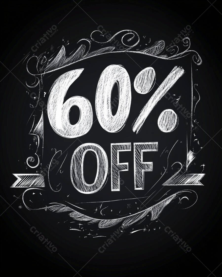 Sinal 60% OFF em quadro-negro estilo giz com moldura decorada