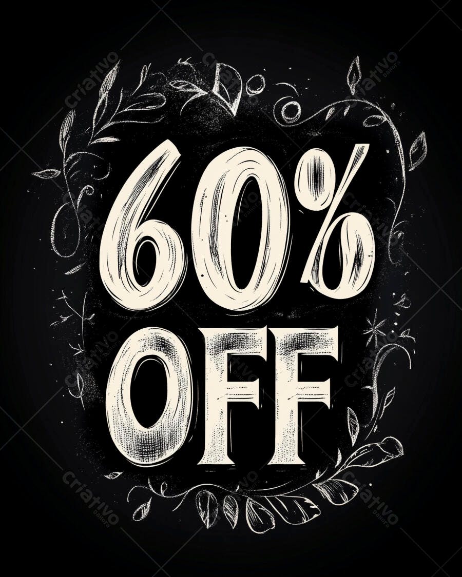 Desconto de 60 por cento em estilo de lousa com borda floral branca para promoção