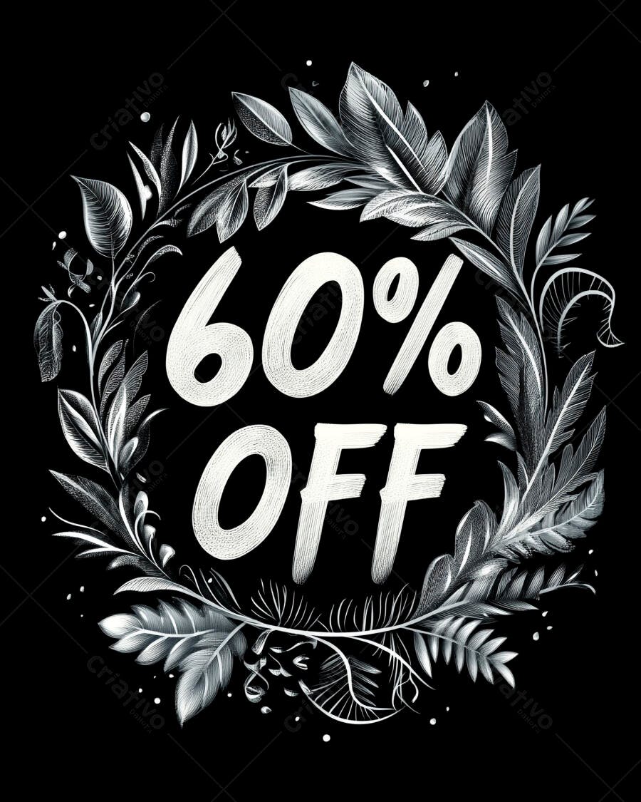 Oferta 60% OFF com coroa de folhas ilustrada em preto e branco