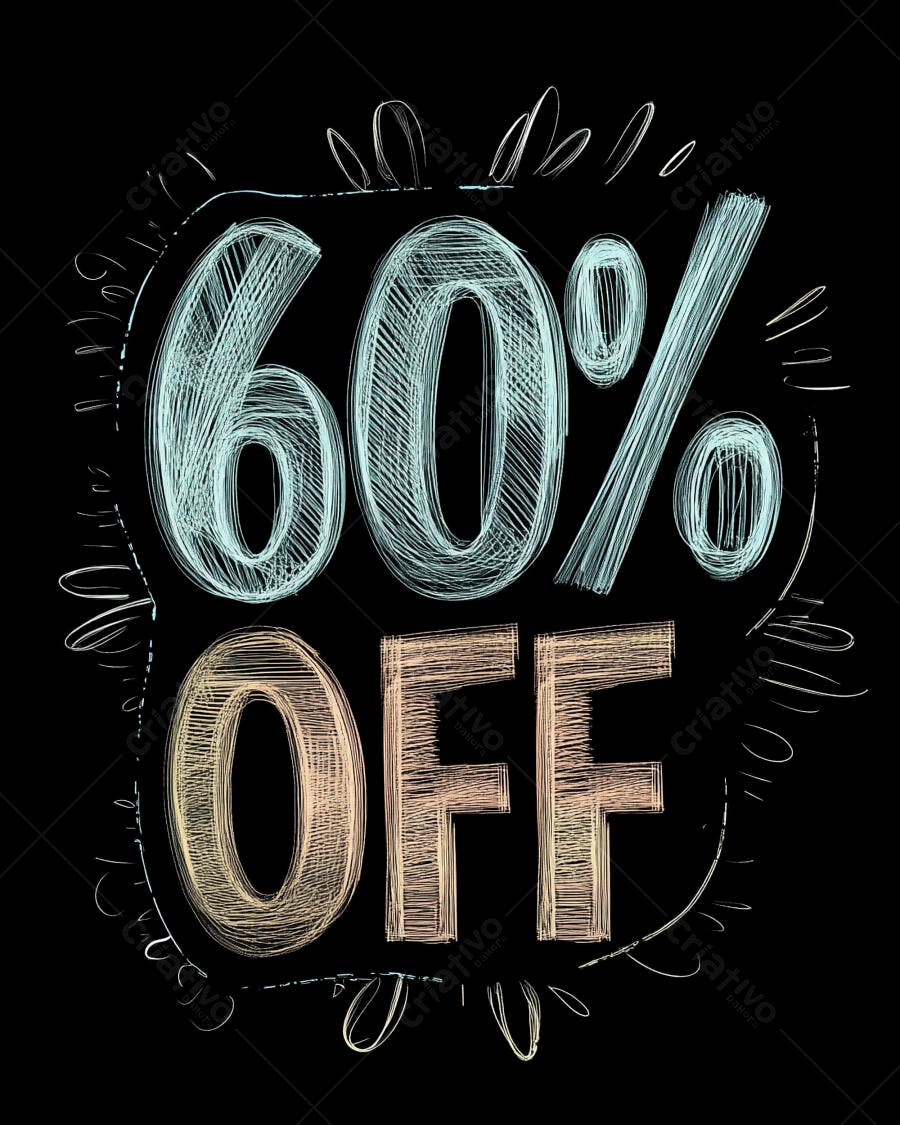 Promoção 60% OFF com efeito giz azul e laranja em fundo preto