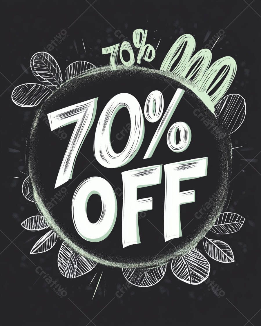 Desconto de 70% OFF estilo quadro negro com letras brancas e folhas verdes