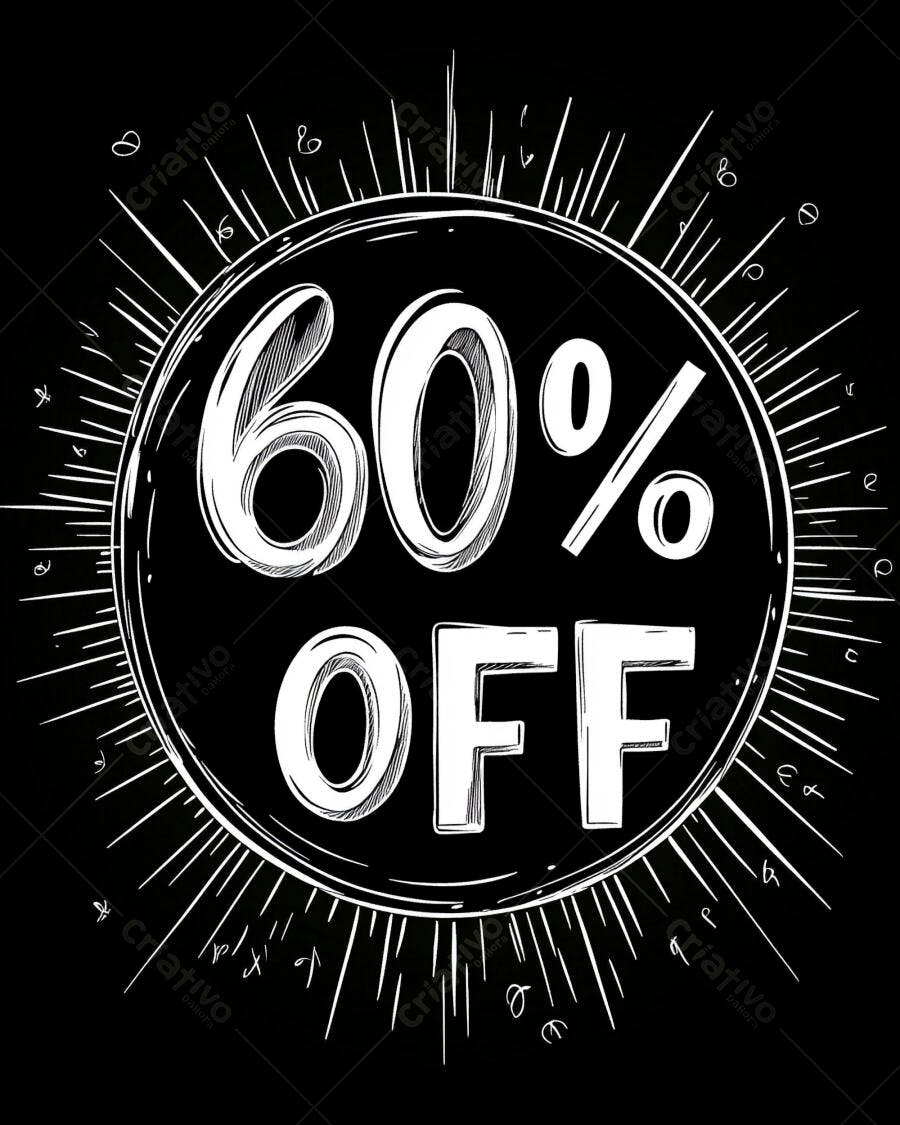Selo 60% OFF desenhado à mão estilo rascunho para promoção