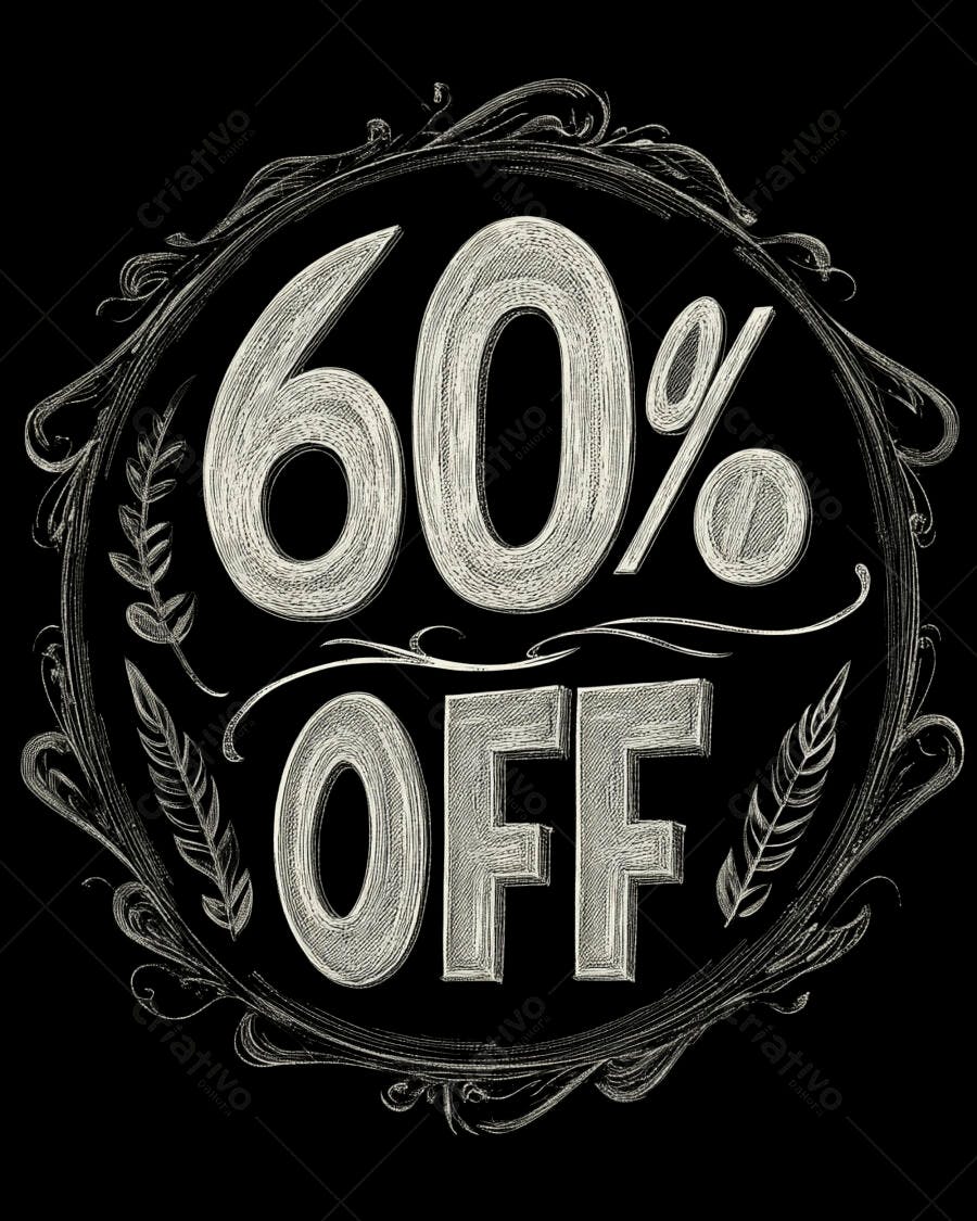 Desconto 60% OFF em tipografia vintage estilo giz com borda decorativa preta
