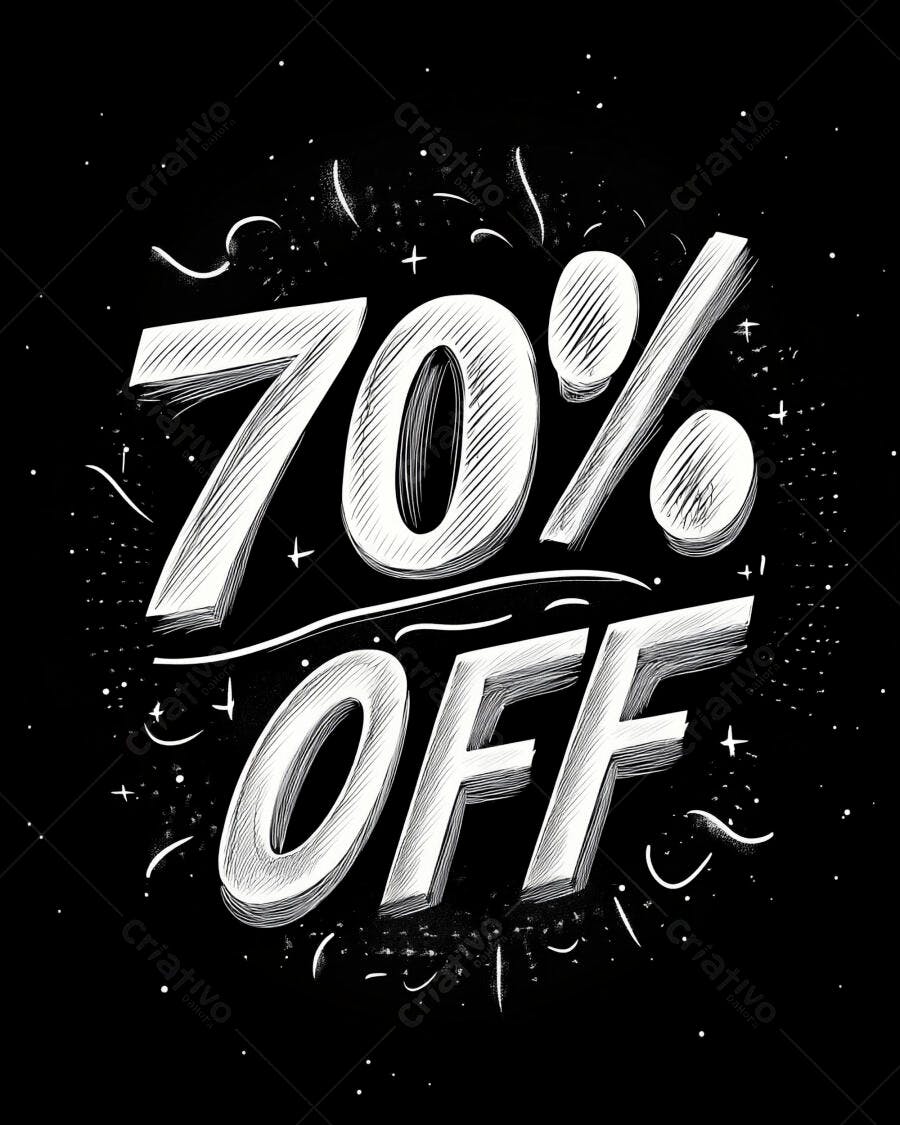 Setenta por cento de desconto lettering preto e branco estilo giz