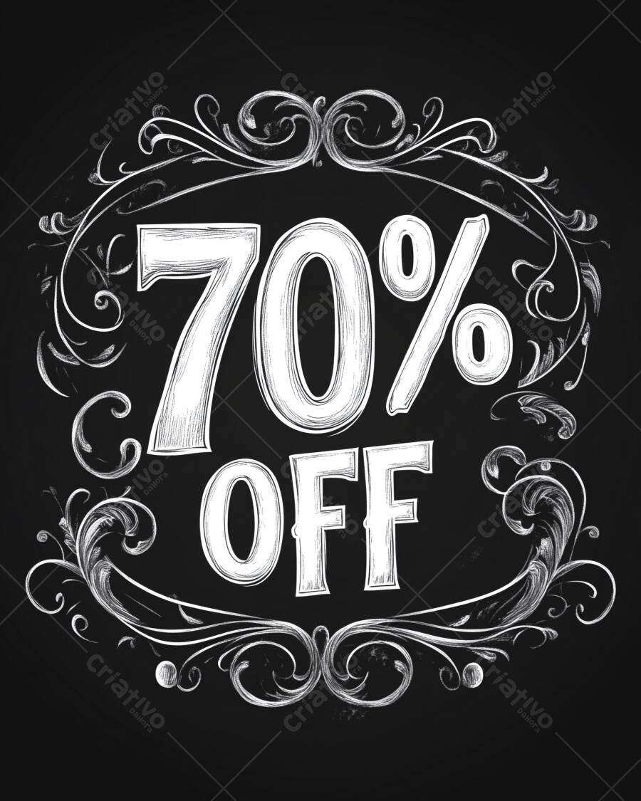 Desconto de 70% off em estilo lousa vintage com moldura ornamental branca