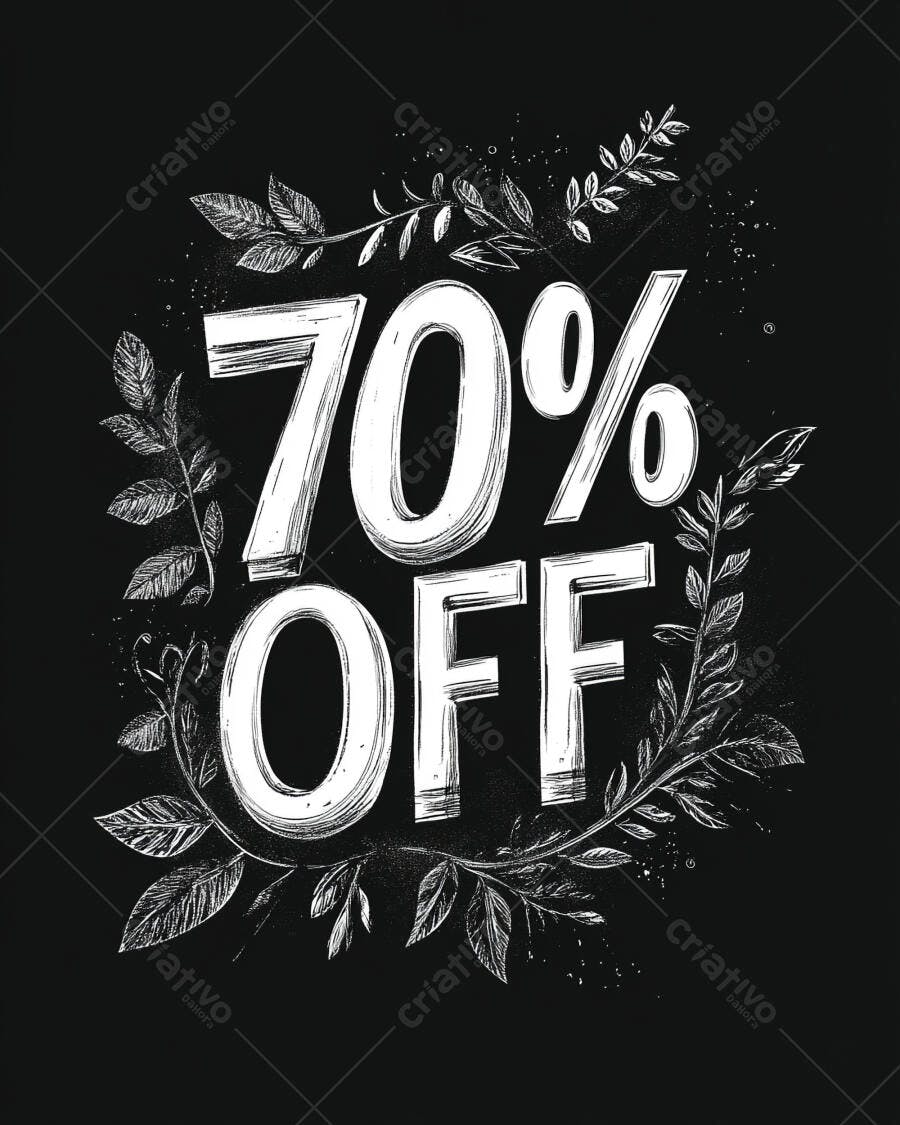 Anúncio 70% OFF em lousa com folhas desenhadas à mão