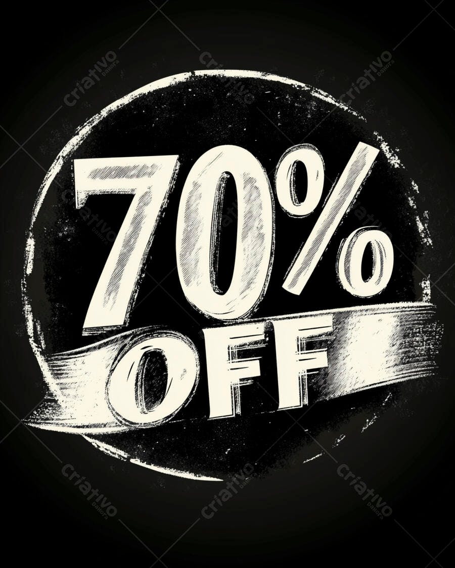 Selo promocional 70% OFF estilo grunge com efeito giz em fundo preto