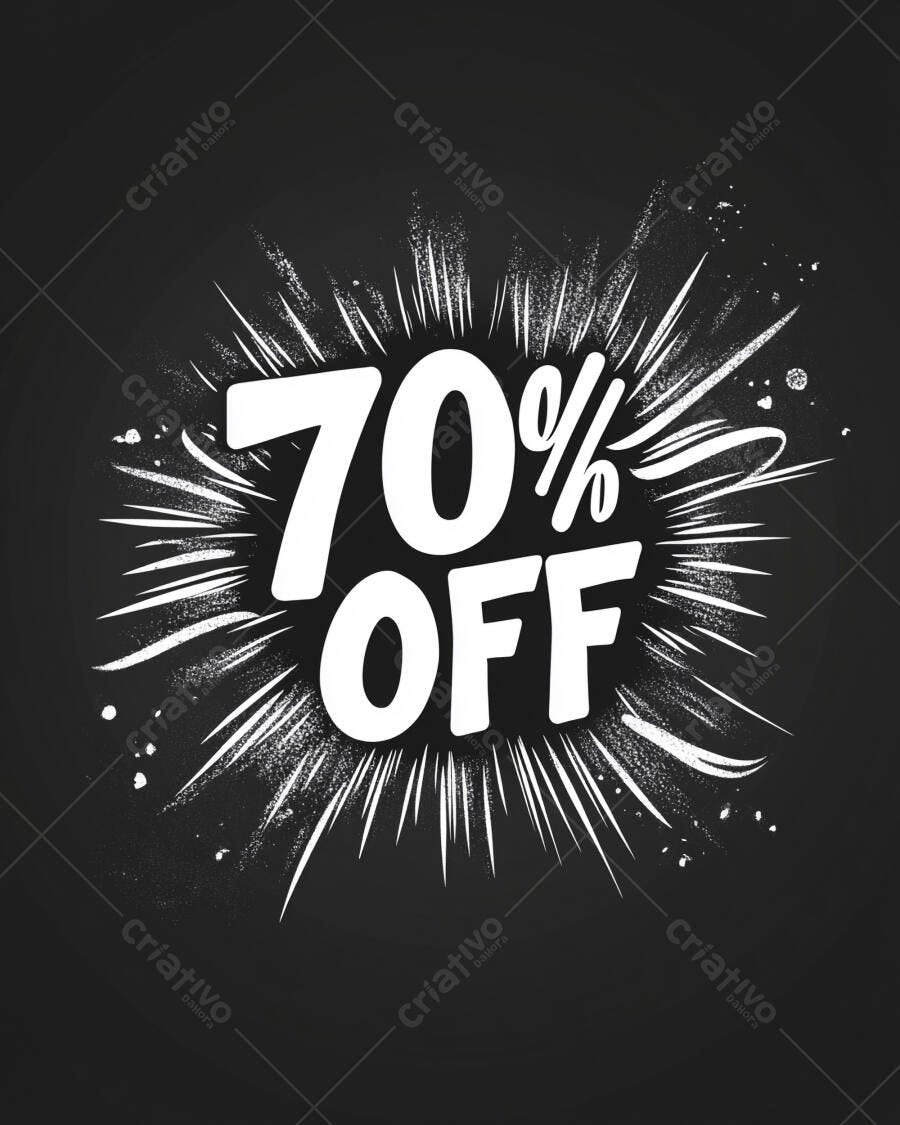Desconto 70% OFF gráfico promocional explosão branco fundo preto para vendas
