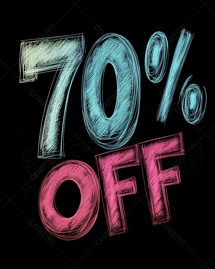 Desconto 70% estilo giz azul e rosa em fundo preto para promoções