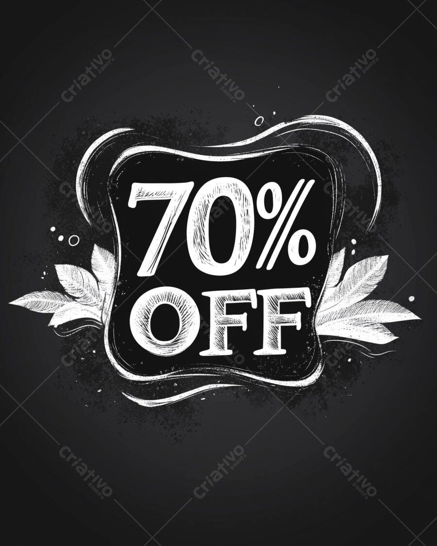 Oferta 70% de desconto estilo lousa giz e folhas decorativas para vendas