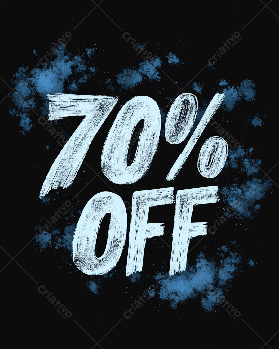 Oferta 70% OFF azul e branco com textura de pincelada estilo grunge
