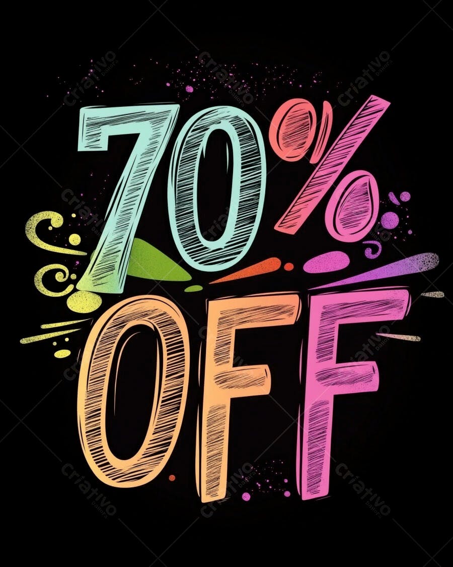 Promoção 70% OFF letras coloridas estilo desenho manual vibrante