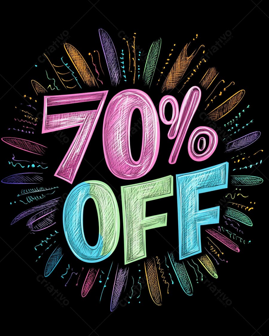 Desconto 70% OFF colorido estilo rascunho com explosão de doodles em fundo preto