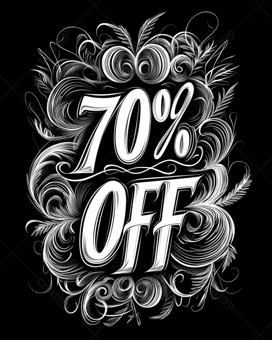 Desconto de 70% OFF com tipografia caligráfica decorativa preto e branco