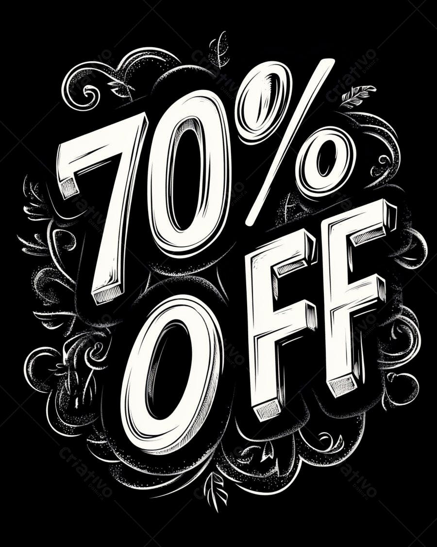 70% OFF lettering branco em fundo preto com decoração vintage