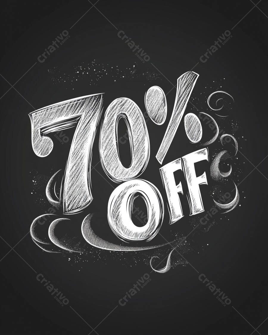 Desconto de 70% OFF em giz branco sobre quadro negro ilustração promocional