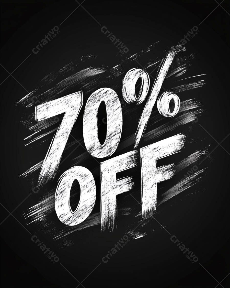 Texto 70% OFF branco estilo pinceladas em fundo preto para promoção
