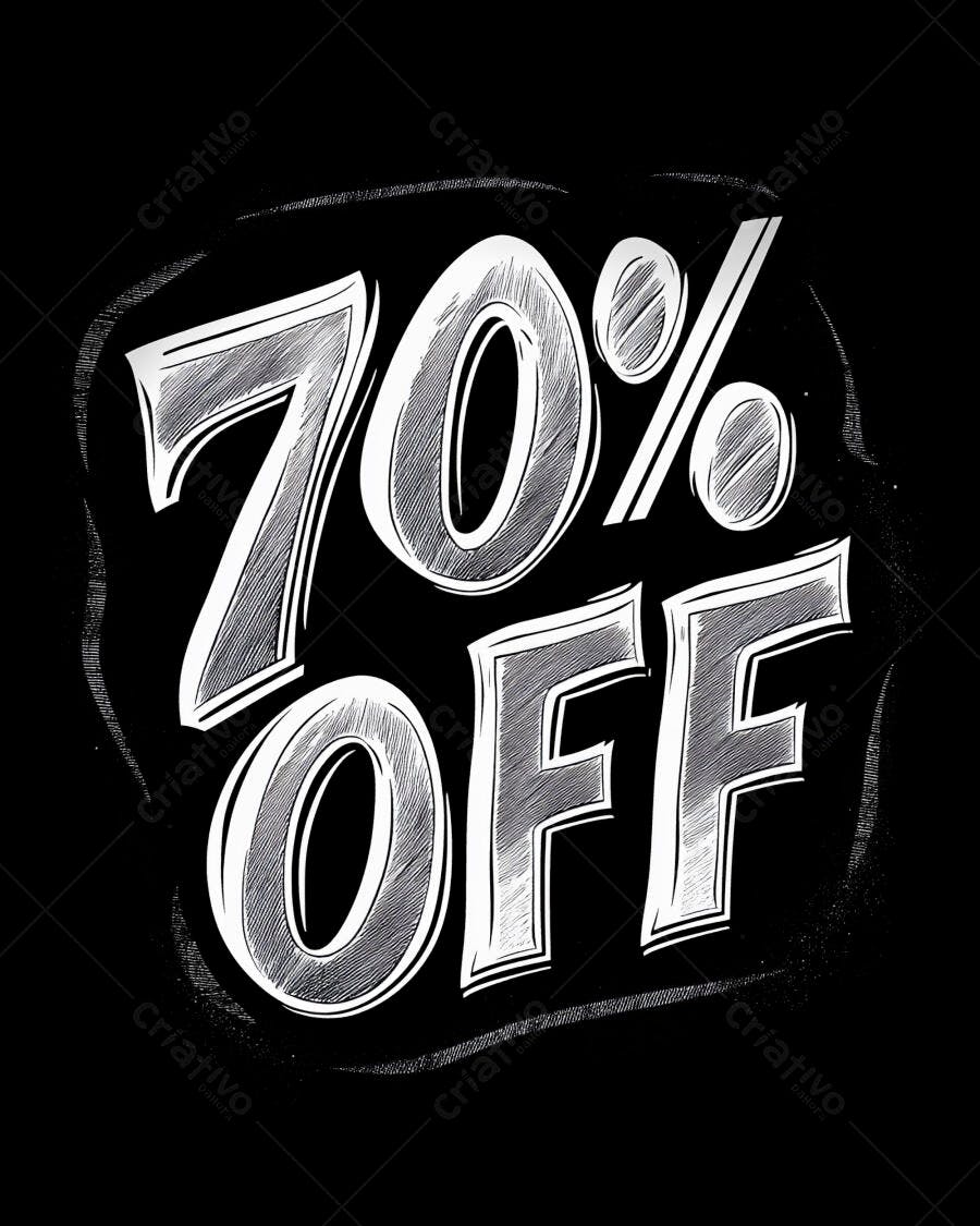 Desconto 70% OFF estilo lousa grunge preto e branco para promoção